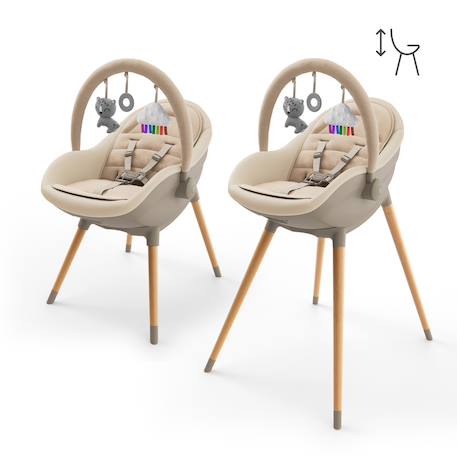 Chaise haute 2-en-1 FINI UP, évolutive transat et repas avec double plateau, harnais 5 points, réglable, insert nouveau-né, arche jouets, pieds bois, facile à nettoyer Beige+Gris 3 - vertbaudet enfant 