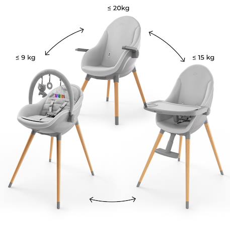 Chaise haute 2-en-1 FINI UP, évolutive transat et repas avec double plateau, harnais 5 points, réglable, insert nouveau-né, arche jouets, pieds bois, facile à nettoyer Beige+Gris 8 - vertbaudet enfant 