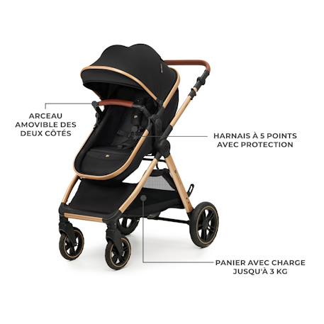 Poussette multifonction 2 en 1 ESME avec grandes roues, suspension, pliage compact, transformation nacelle en poussette, harnais 5 points, adaptateurs travel system, canopy large, panier, jusqu’à 25 kg . Gris+Noir 12 - vertbaudet enfant 