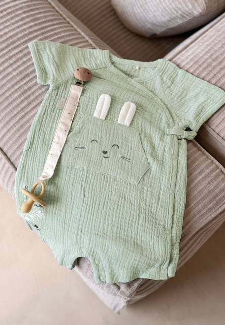 Barboteuse bébé en gaze de coton ouverture croisée frimousse Vert 1 - vertbaudet enfant 