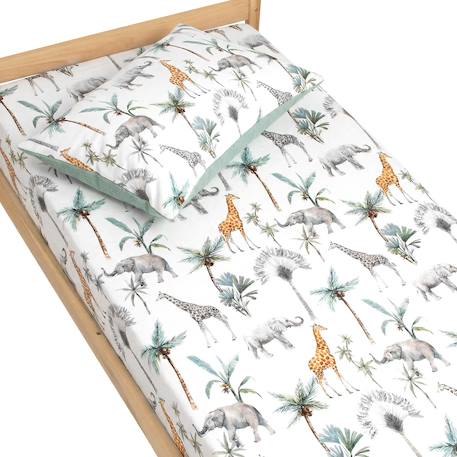 Drap-housse en satin de coton safari Safari, vert, gris, blanc 1 - vertbaudet enfant 
