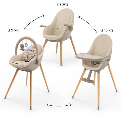 Chaise haute 2-en-1 FINI UP, évolutive transat et repas avec double plateau, harnais 5 points, réglable, insert nouveau-né, arche jouets, pieds bois, facile à nettoyer Beige+Gris 2 - vertbaudet enfant 
