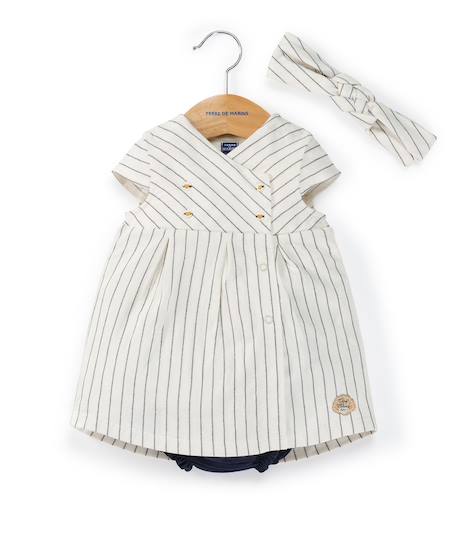 Ensemble robe + bas bébé fille Fond grege raye indigo 2 - vertbaudet enfant 