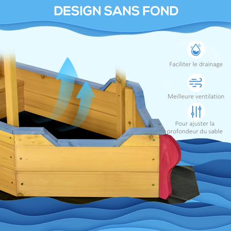 Bac à sable bateau de pirate en bois - voile d'ombrage, coffre rangement, gouvernail - bois sapin pré-huilé Orange 5 - vertbaudet enfant 