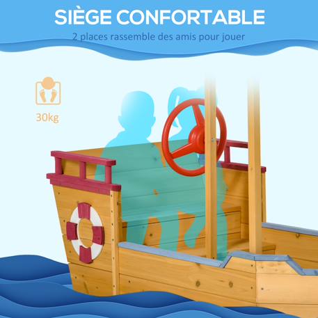 Bac à sable bateau de pirate en bois - voile d'ombrage, coffre rangement, gouvernail - bois sapin pré-huilé Orange 4 - vertbaudet enfant 