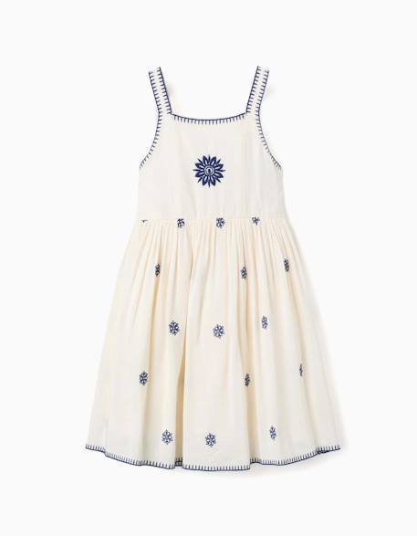 Fille-Robe-Robe sans manches en coton et lin avec broderie florale