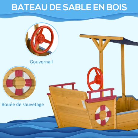 Bac à sable bateau de pirate en bois - voile d'ombrage, coffre rangement, gouvernail - bois sapin pré-huilé Orange 2 - vertbaudet enfant 