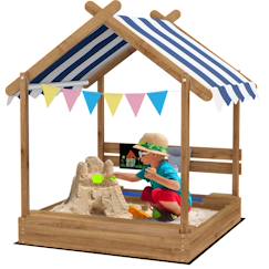 Jouet-Bac à sable bois forme de maison auvent 2 bacs évier tableau noir fanions