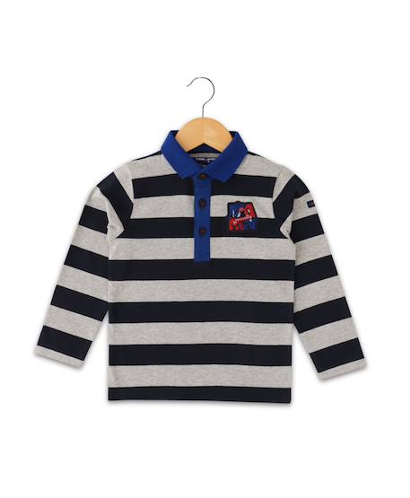 Polo manches longues 100% coton garçon Fond gris chine raye indigo 2 - vertbaudet enfant 