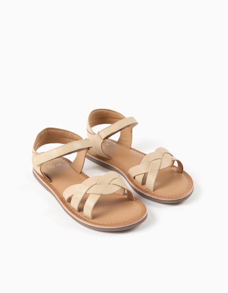 Sandales en cuir avec brides tressées et maintien du talon Beige clair 2 - vertbaudet enfant 