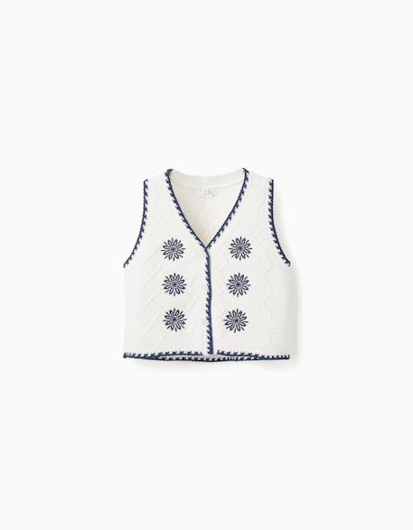 Gilet sans manches en maille coton avec fleurs brodées Beige clair 1 - vertbaudet enfant 
