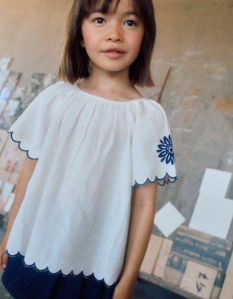 Blouse en coton et lin avec fleurs Beige clair 1 - vertbaudet enfant 