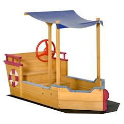 Bac à sable bateau de pirate en bois - voile d'ombrage, coffre rangement, gouvernail - bois sapin pré-huilé  - vertbaudet enfant