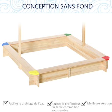 Bac à sable bois carré dim. 1,2l x 1,2l x 1,2h m - hauteur et inclinaison toit réglables - bois naturel de pin Bleu 6 - vertbaudet enfant 