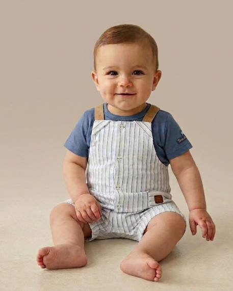 Ensemble salopette + haut 100% coton bébé garçon Raye blanc / bleu 1 - vertbaudet enfant 