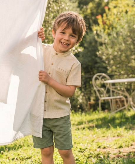 Chemise manches courtes 100% coton garçon Fond grege raye beige 1 - vertbaudet enfant 