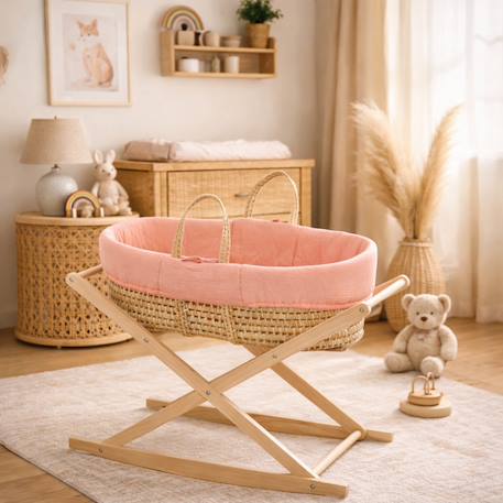 Couffin bébé en fibres naturelles et habillage tissu avec support en pin massif Beige/marron+Blanc/orange+Bleu+Rose+Rose imprimé+Vert tilleul 19 - vertbaudet enfant 