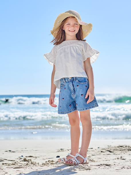 T-shirt fille manches détails brodés corail+écru+kaki 8 - vertbaudet enfant 