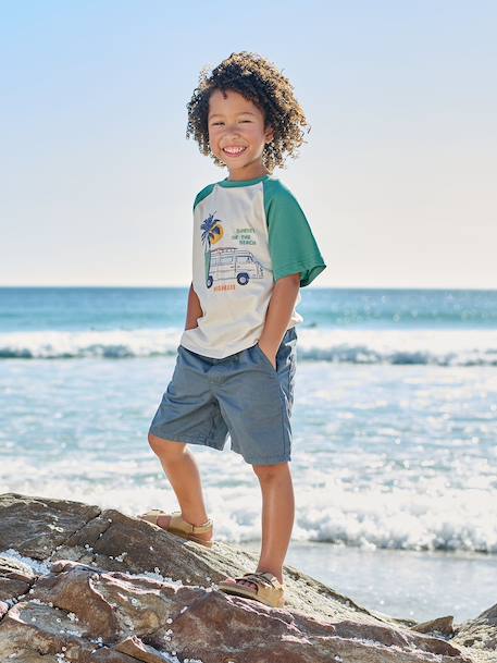 Bermuda garçon élastique bleu jean+jaune pastel+vert sapin 2 - vertbaudet enfant 