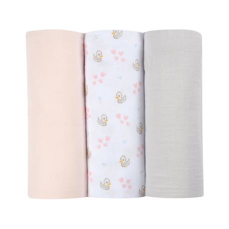 Lot de 3 langes en coton Cygne rose gris+Hérisson / marron+Jurassique / vert 1 - vertbaudet enfant 