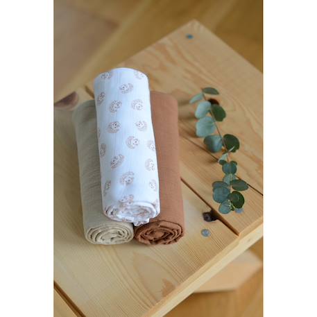 Lot de 3 langes en coton Cygne rose gris+Hérisson / marron+Jurassique / vert 7 - vertbaudet enfant 