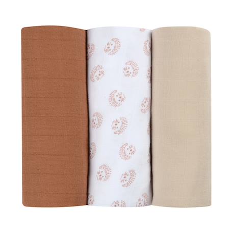 Lot de 3 langes en coton Cygne rose gris+Hérisson / marron+Jurassique / vert 6 - vertbaudet enfant 
