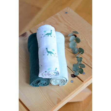 Lot de 3 langes en coton Cygne rose gris+Hérisson / marron+Jurassique / vert 14 - vertbaudet enfant 