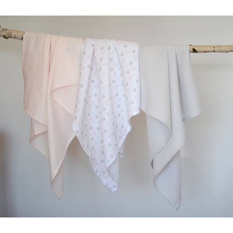 Lot de 3 langes en coton Cygne rose gris+Hérisson / marron+Jurassique / vert 3 - vertbaudet enfant 