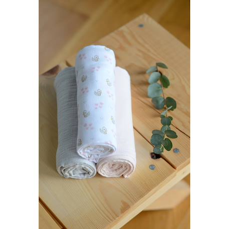 Lot de 3 langes en coton Cygne rose gris+Hérisson / marron+Jurassique / vert 2 - vertbaudet enfant 