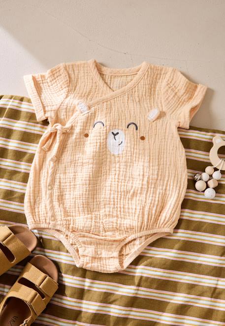 Barboteuse bébé en gaze de coton ouverture croisée noisette Orange 1 - vertbaudet enfant 