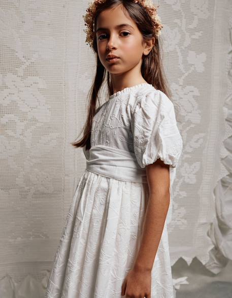 Robe en coton à manches ballon et ceinture Blanc 3 - vertbaudet enfant 