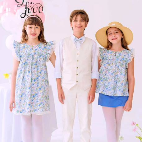 Blouse  fleurie liberty   à volants  appoline Bleu ciel rose 5 - vertbaudet enfant 