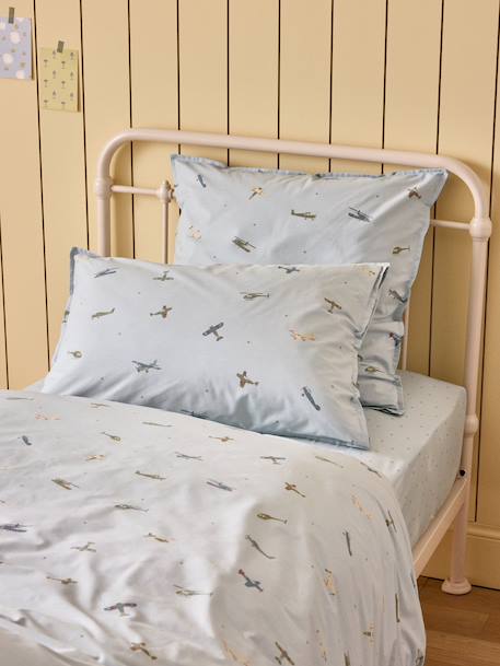 Taie d'oreiller coton 'aviateur' Bleu+Imprimé rime multico 3 - vertbaudet enfant 