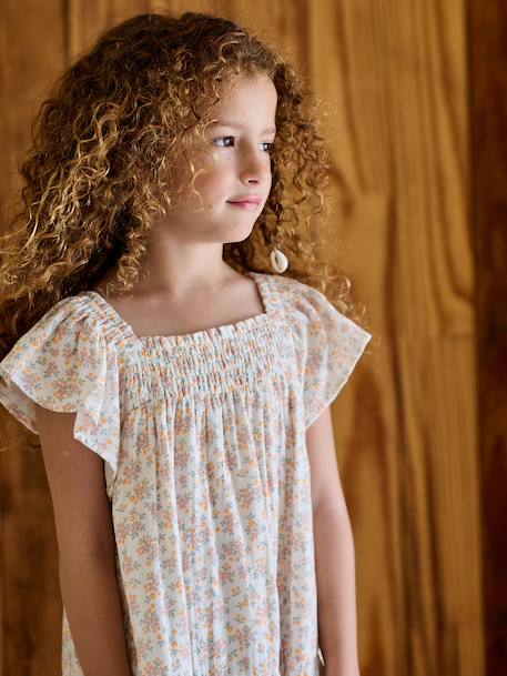 Robe fille à smocks imprimée fleurs rose poudré+vanille 8 - vertbaudet enfant 