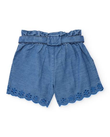 Short pour fille en toile avec broderies florales Bleu 2 - vertbaudet enfant 
