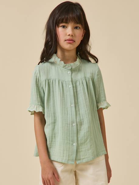 Chemise fille en gaze - coton biologique bleu jean+vert sauge 9 - vertbaudet enfant 