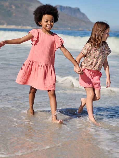 Robe fille gaze de coton manches courtes brodées corail+jaune 2 - vertbaudet enfant 