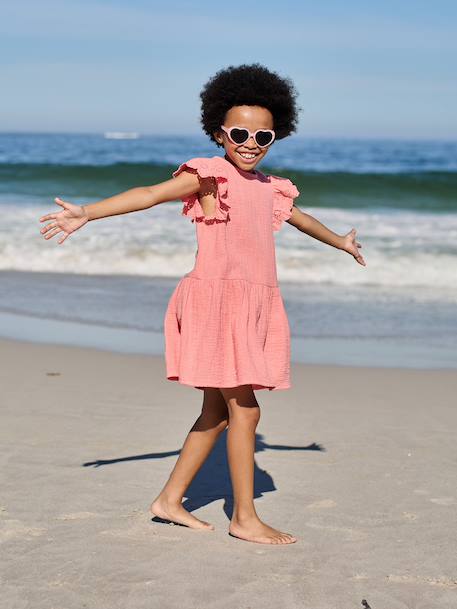 Robe fille gaze de coton manches courtes brodées corail+jaune 1 - vertbaudet enfant 