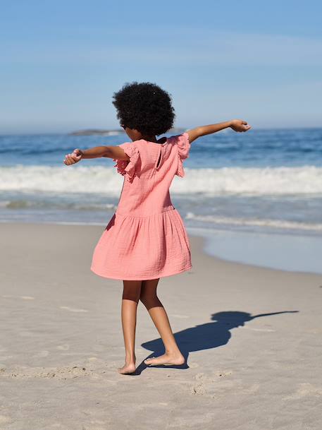 Robe fille gaze de coton manches courtes brodées corail+jaune 6 - vertbaudet enfant 