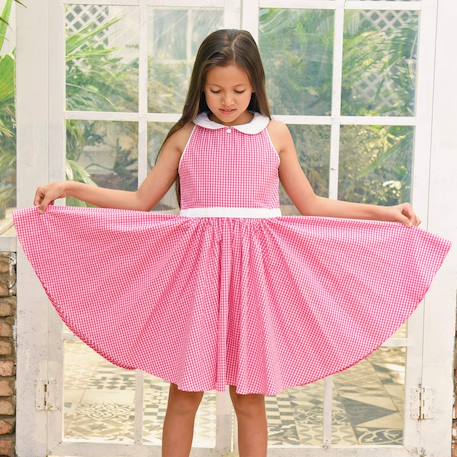 Robe qui tourne  à carreaux vichy  et col claudine  hepburn Rose foncé blanc 1 - vertbaudet enfant 