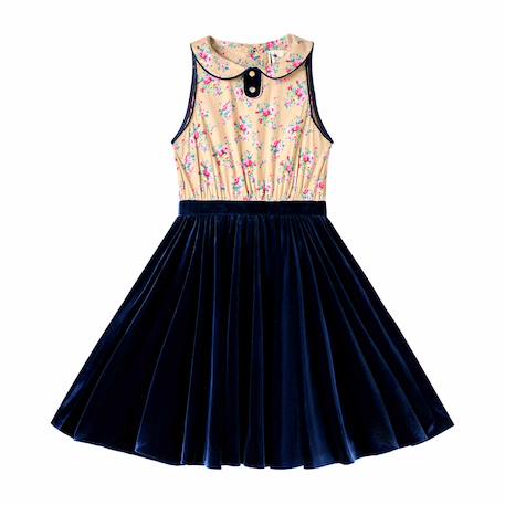 Robe velours   fleuri    hepburn Bleu marine beige fleuri 3 - vertbaudet enfant 