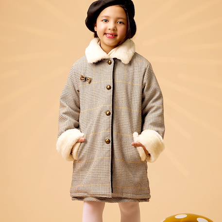 Manteaueau  carreaux tartan  avec fausse fourrure  amandine Marron beige jaune 1 - vertbaudet enfant 