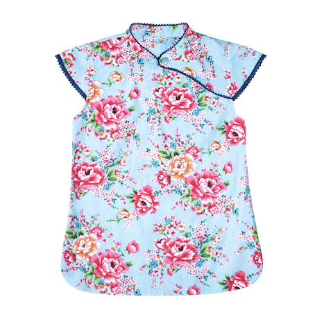 Blouse    fleurie  à col mao  annam Bleu turquoise rose fuchsia 3 - vertbaudet enfant 