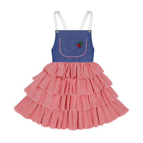 Robe salopette  vichy  à volants et bretelles  gigi Rose foncé bleu denim 3 - vertbaudet enfant 