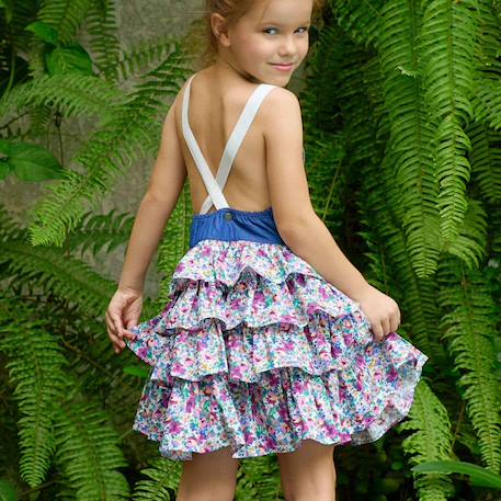 Robe salopette liberty   à volants et bretelles  gigi Bleu demim violet 1 - vertbaudet enfant 