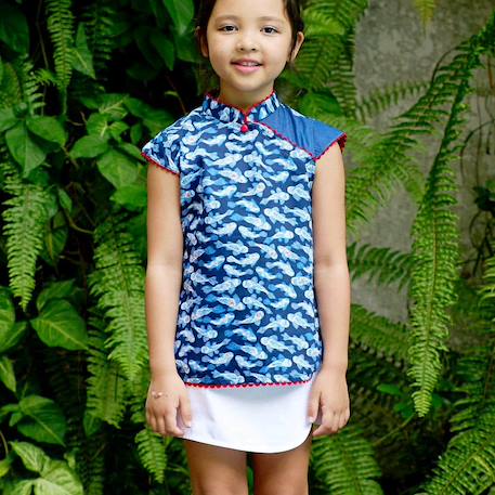Fille-Blouse  chinoise  imprimé poissons koi  annam