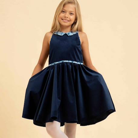 Robe  qui tourne velours   et col    hepburn Bleu marine bleu roi+Bleu marine rose 1 - vertbaudet enfant 