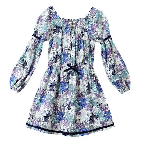 Robe  fleurie   à manches longues et col smocks  chimene Beige marron+Bleu lilas+Bleu roi+Orange vert 8 - vertbaudet enfant 