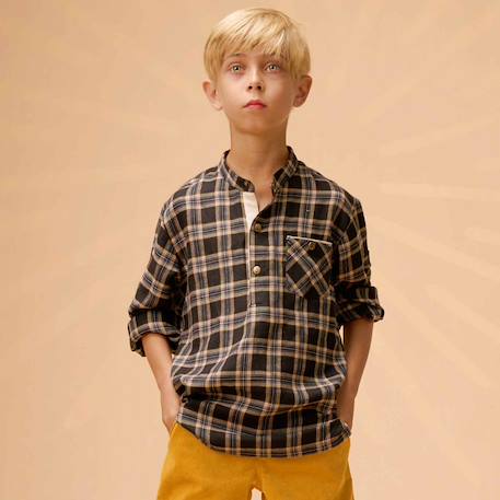 Chemise carreaux tartan    et   col mao  rimbaud Marron noir beige 1 - vertbaudet enfant 