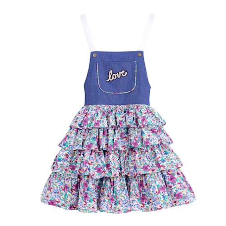 Robe salopette liberty   à volants et bretelles  gigi Bleu demim violet 3 - vertbaudet enfant 